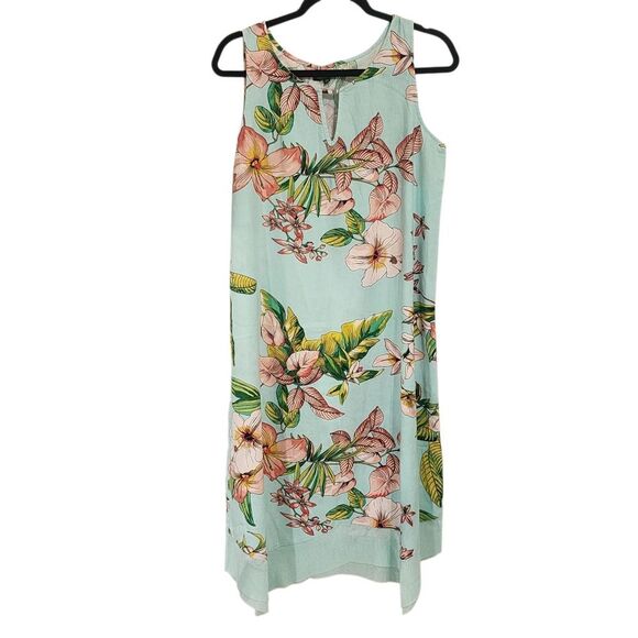 For Cynthia Midi Dress L Linen Blend Floral Tropical Print Vacation Resort - Picture 1 of 6